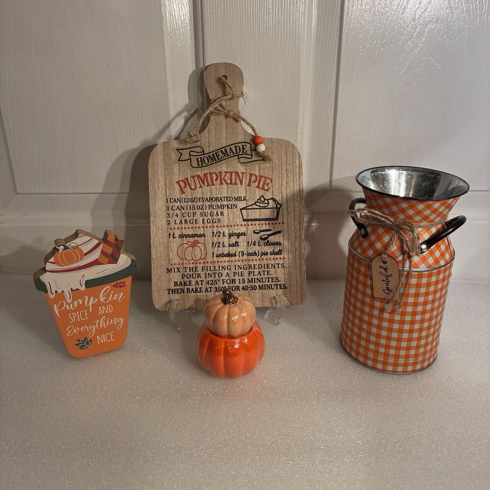 Fall 6 Piece Set Pumpkin Pie Recipe, Salt & Pepper Shakers, Milk Churn, Block.